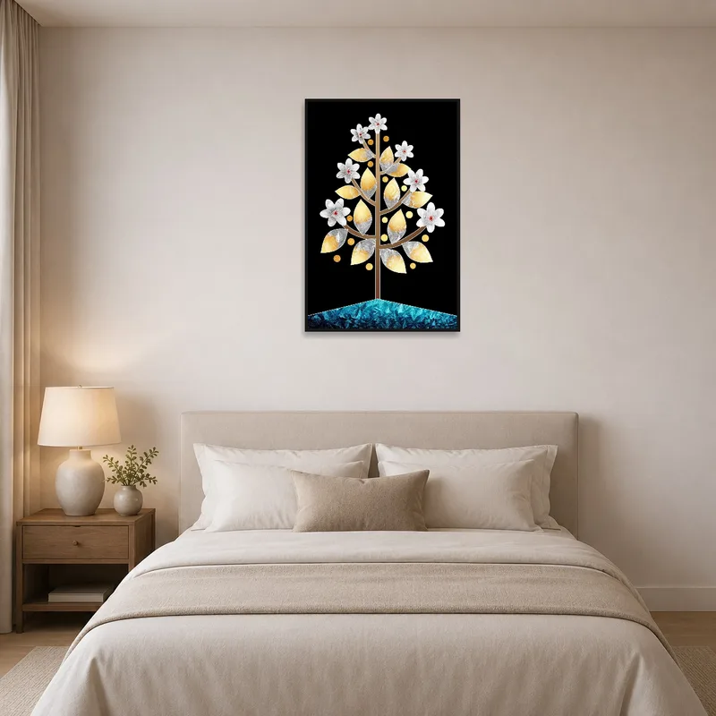 Above the bed, the floral tree with geometric elements adds a serene, contemporary touch to the bedroom decor.