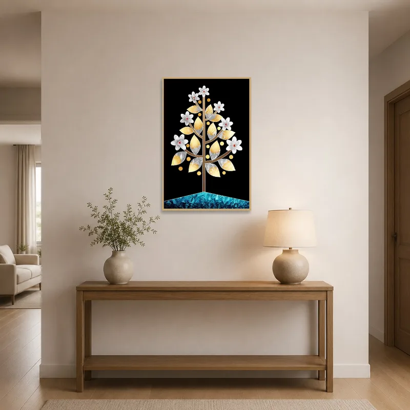 A vibrant floral tree with geometric accents welcomes visitors in the entrance hall above a sleek console table.
