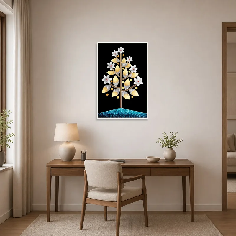 A modern floral tree with geometric accents brings creativity to the home office, hanging above a tidy desk.