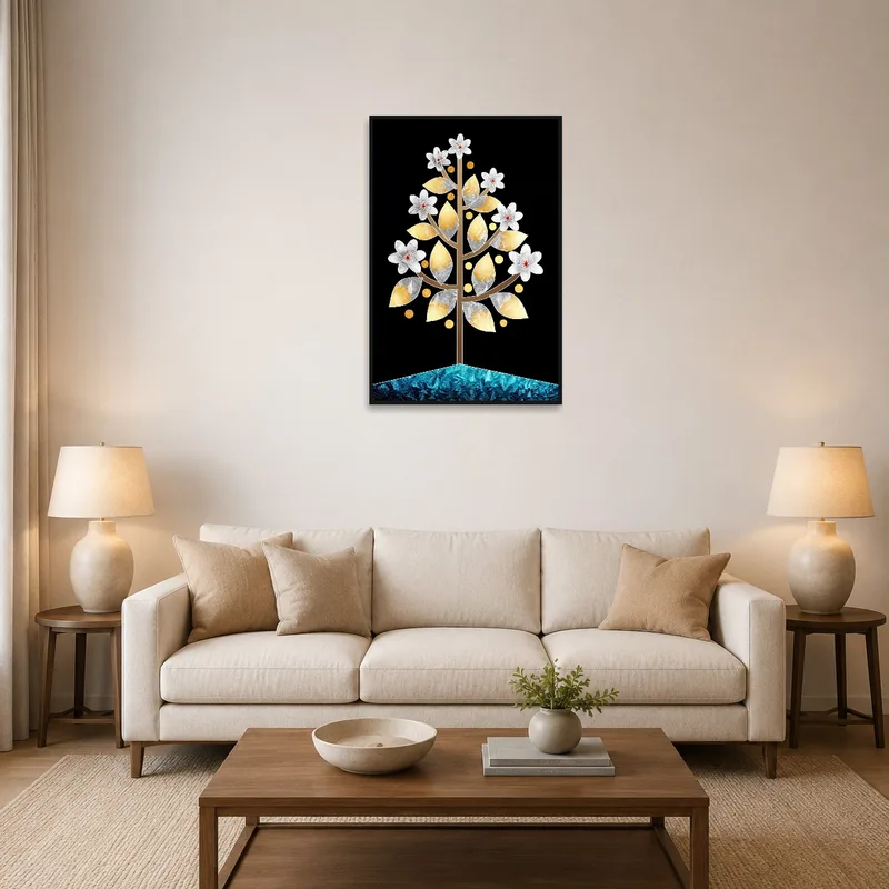 A modern floral tree with geometric accents hangs in the living room above a neutral-colored sofa.