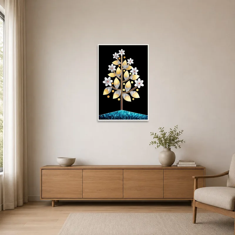 The artwork featuring a floral tree with geometric shapes complements the minimalist room's clean lines.