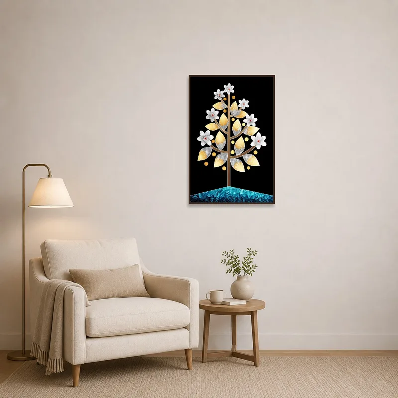 In the reading corner, a floral tree with geometric designs adds a touch of modern flair to the cozy space.