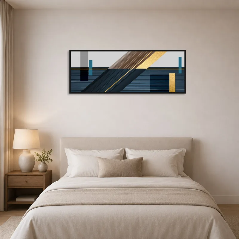 Geometric abstract art creating interest in a calming bedroom.