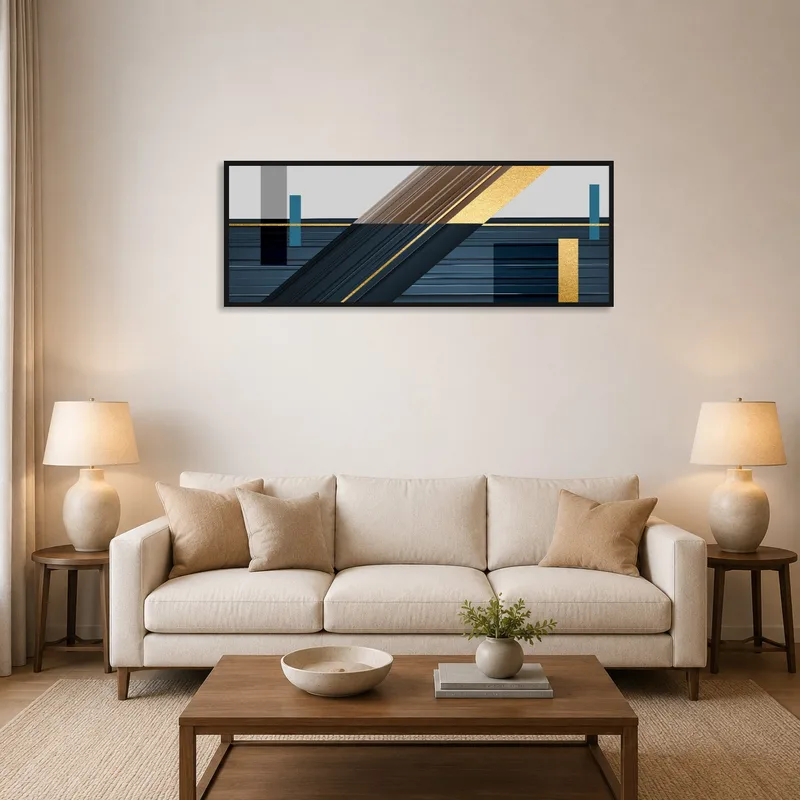 Modern geometric abstract art print in a living room above a sleek sofa.