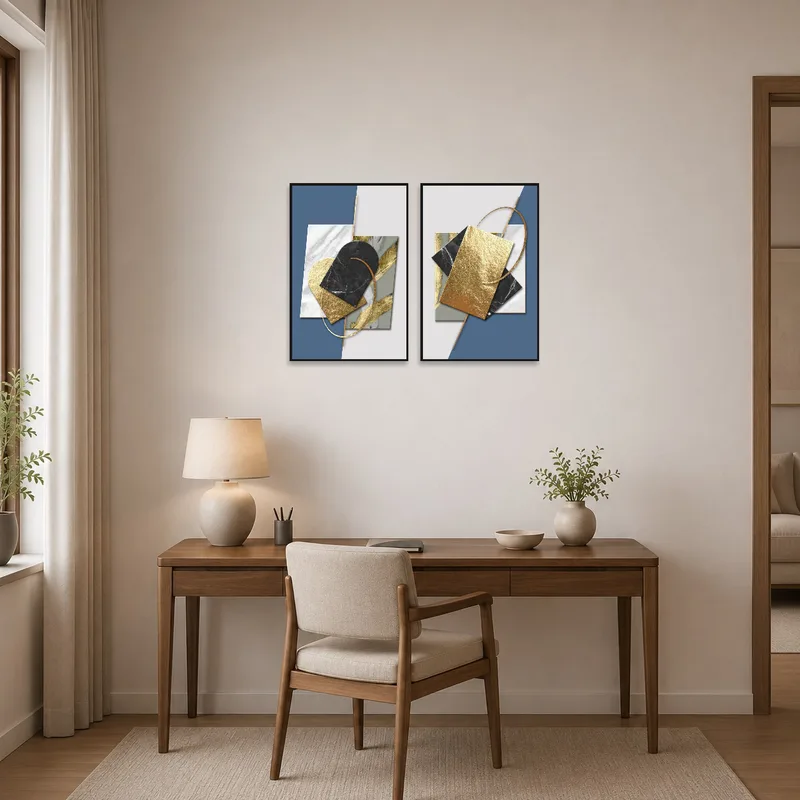 Home office with blue and gold geometric art set enhancing the workspace ambiance.