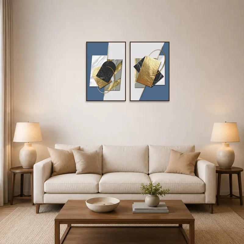 Blue and gold geometric art set on a living room wall above a dark sofa.