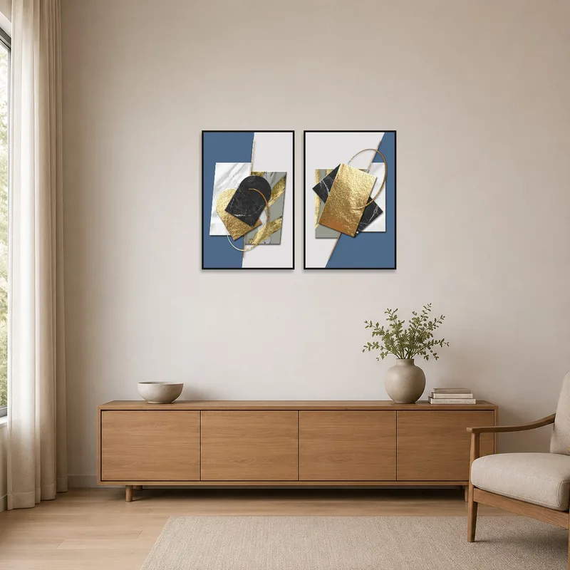 Minimalist room with blue and gold abstract art set on a plain white wall.