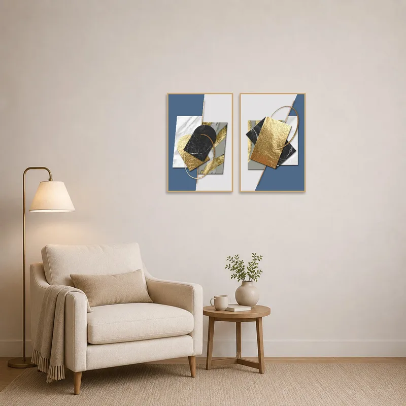 Geometric blue and gold art adds a modern touch to a cozy reading corner.