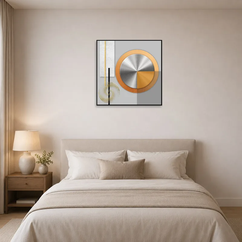 Bedroom featuring geometric abstract metal art balancing serene decor.