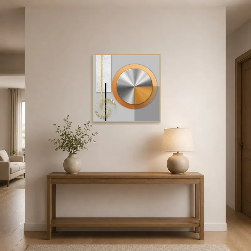 Geometric abstract metal art catches the eye in a stylish entrance hall.