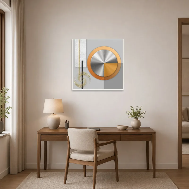 Home office with geometric abstract metal art adding a dynamic element.