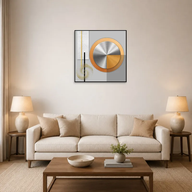 Modern geometric abstract metal art in a chic living room above a sleek sofa.