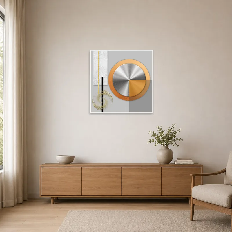 Minimalist room with abstract metal art adding a bold touch to clean lines.