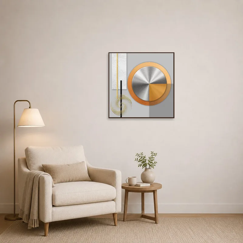 Reading corner enhanced by modern geometric abstract metal art on the wall.