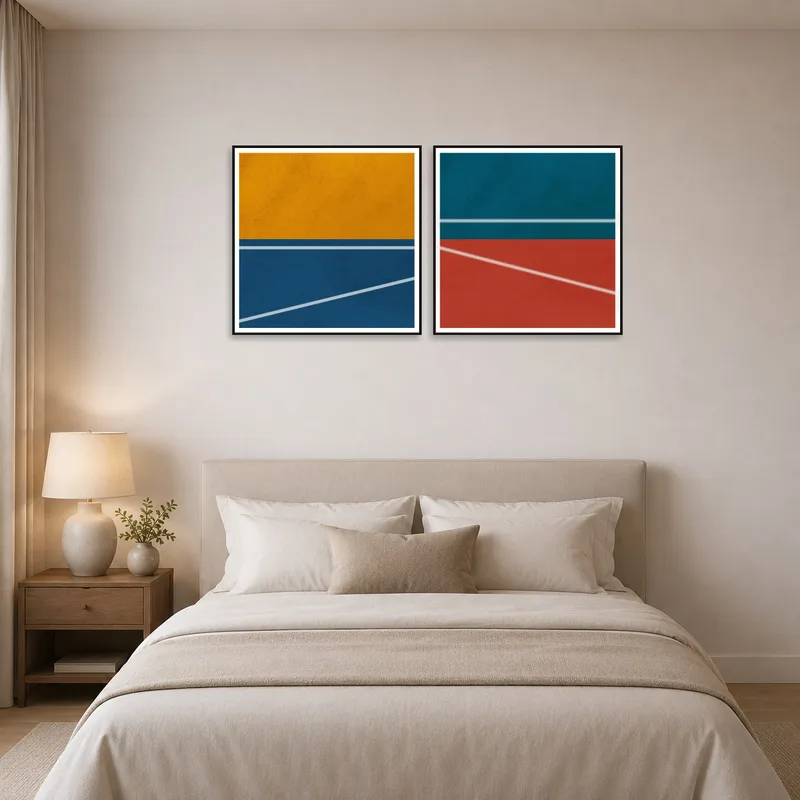 Abstract geometric art set positioned above a stylish bedroom headboard.
