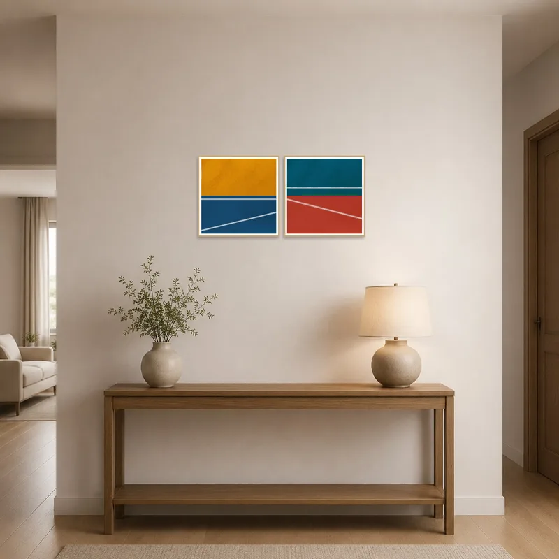 Abstract geometric pieces enhance the entrance hall's contemporary vibe.
