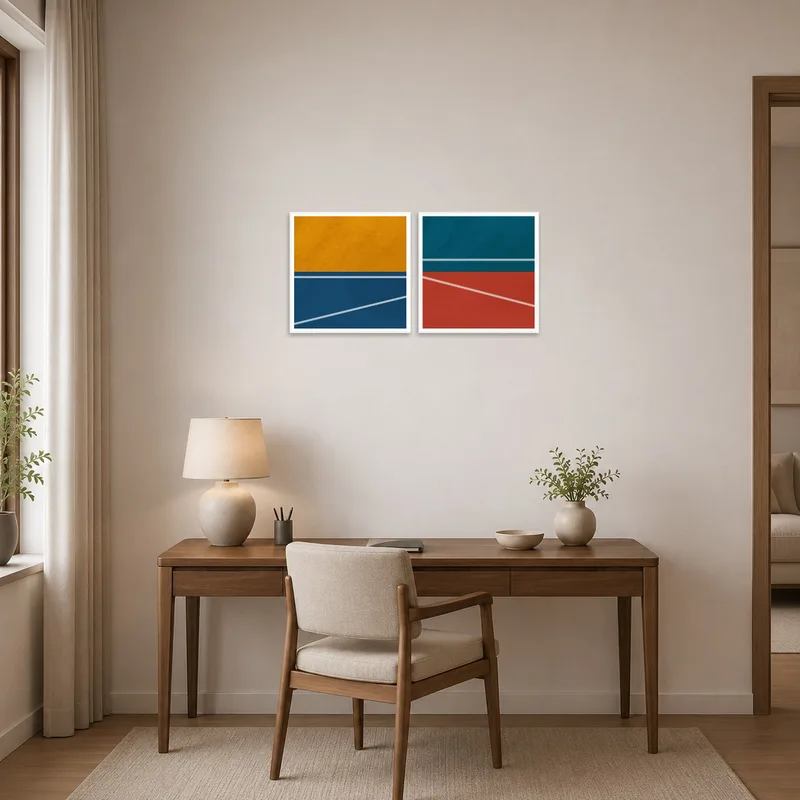 Modern geometric pieces elevate the aesthetic of a sleek home office.