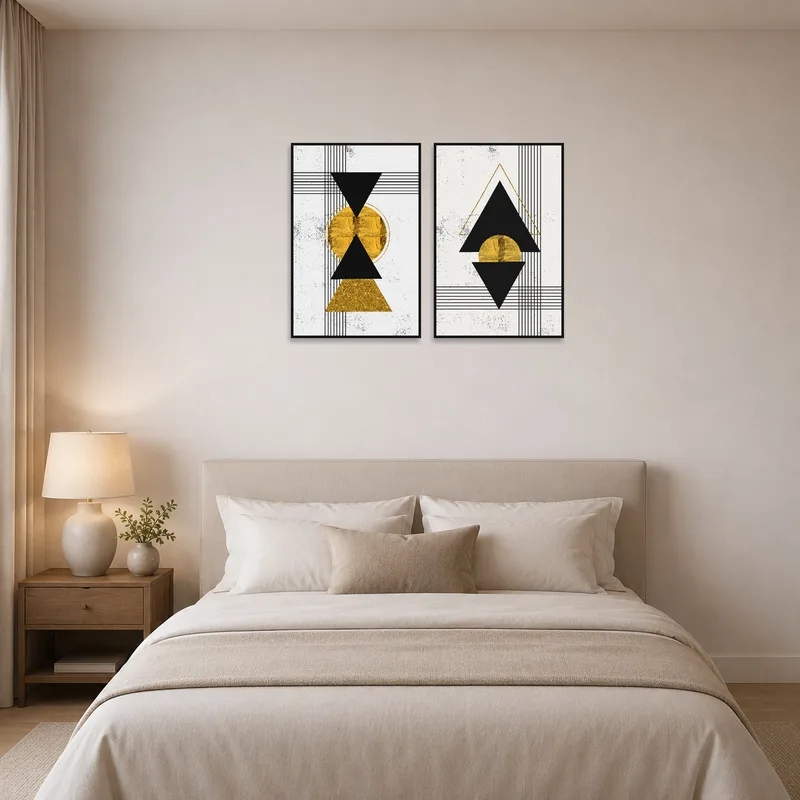 Modern geometric abstract art adds sophistication to a cozy bedroom scene.