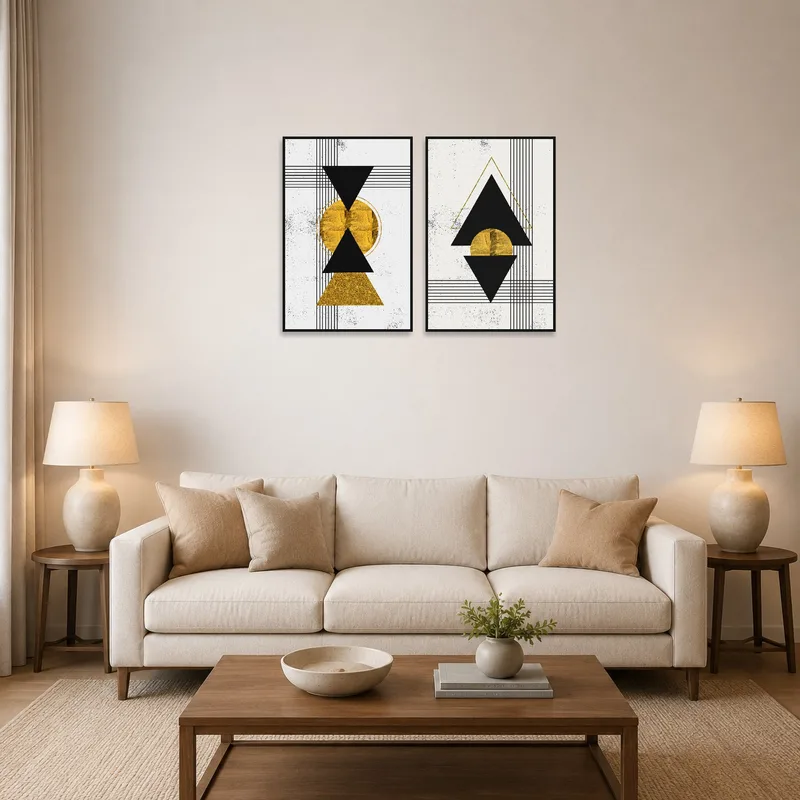 Black and gold geometric art above a contemporary sofa in the living room.