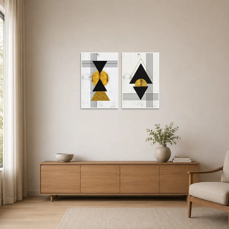 Sleek black and gold geometric art on a plain white wall in a minimalist room.