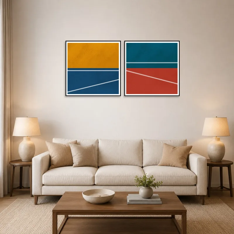 Geometric abstract artwork set hung above a modern living room sofa.