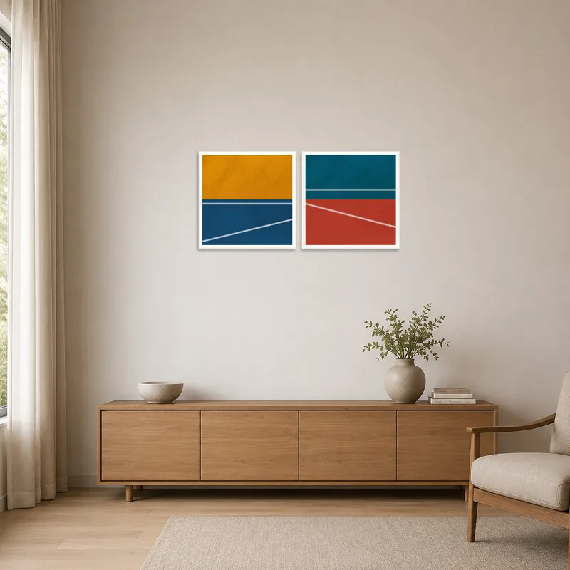 Clean, geometric abstract set displayed in a minimalist white space.