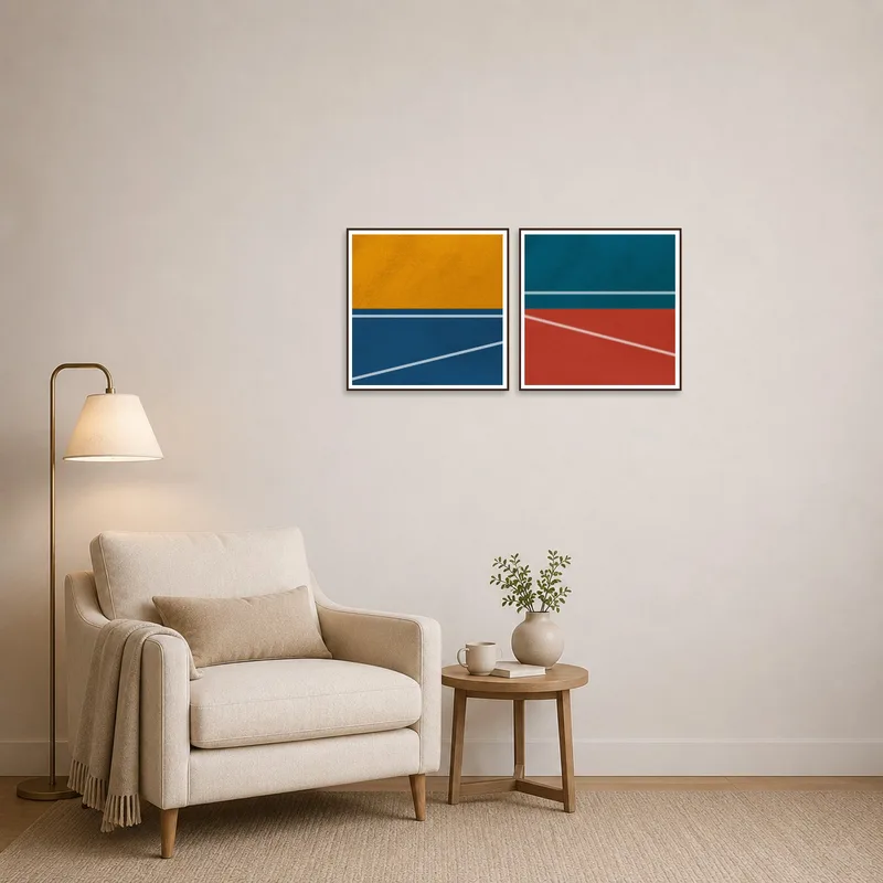 Geometric abstract set adds a splash of modern art to a cozy reading corner.