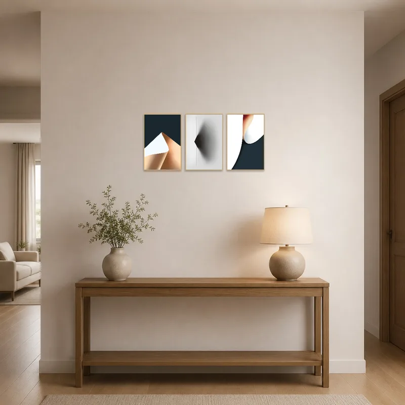 Geometric triptych welcomes with colorful patterns in a chic entrance hall setting.