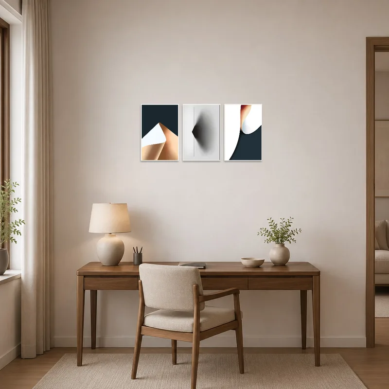 Geometric set creates a focus wall in a stylish and modern home office.