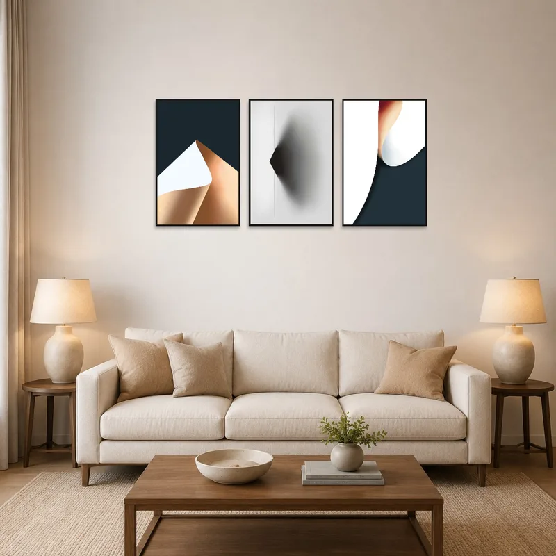 Modern geometric abstract triptych set on living room wall, complementing contemporary furniture.