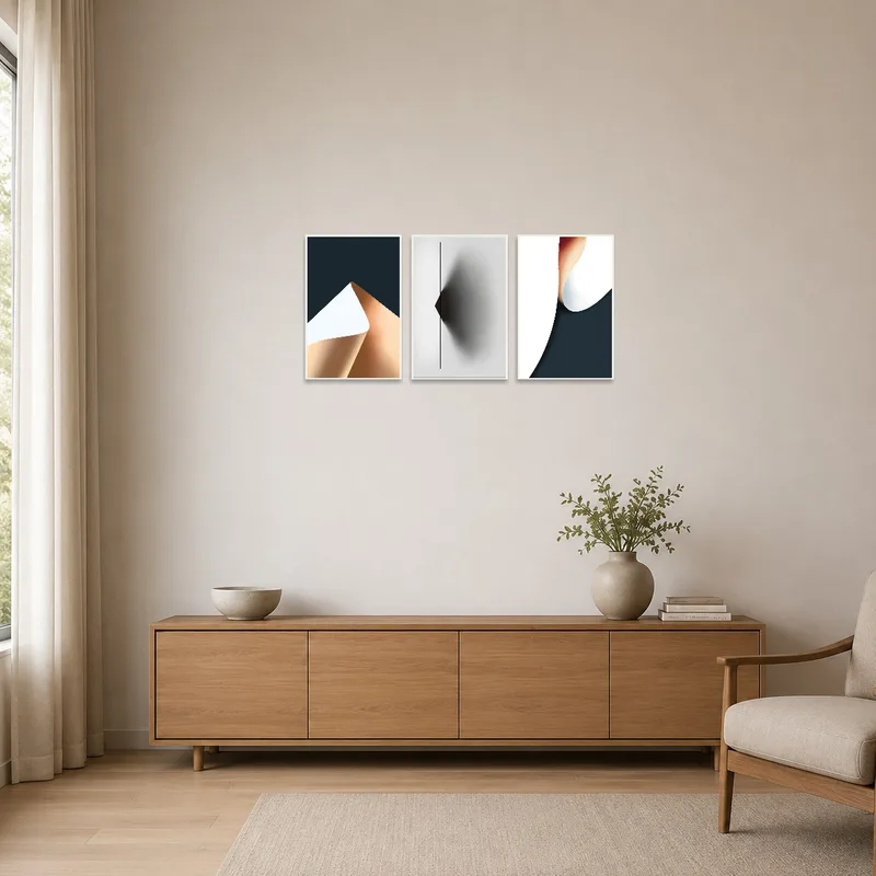 Triptych set adds a bold touch to clean lines and empty space in a minimalist room.