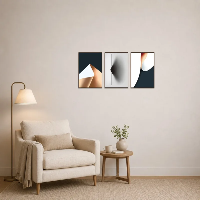 Triptych set brings vibrant, modern designs to a serene reading corner.