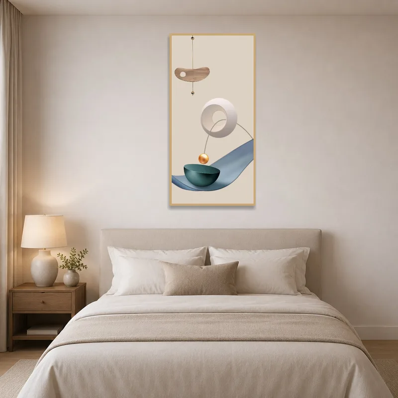 Bedroom adorned with a modern geometric abstract piece, complementing neutral decor.