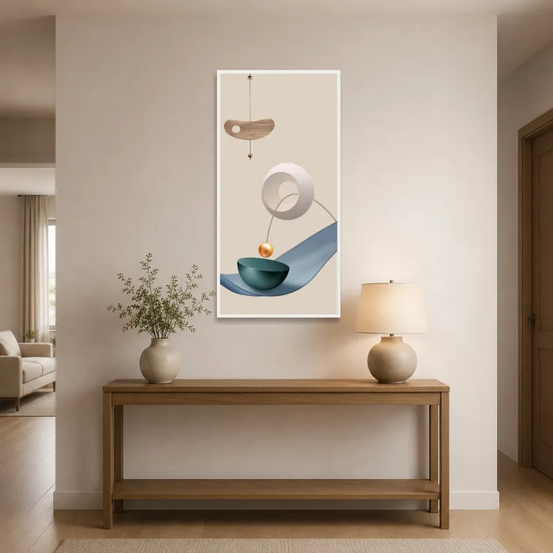 Entrance hall showcasing a modern geometric abstract piece with soft, neutral tones.