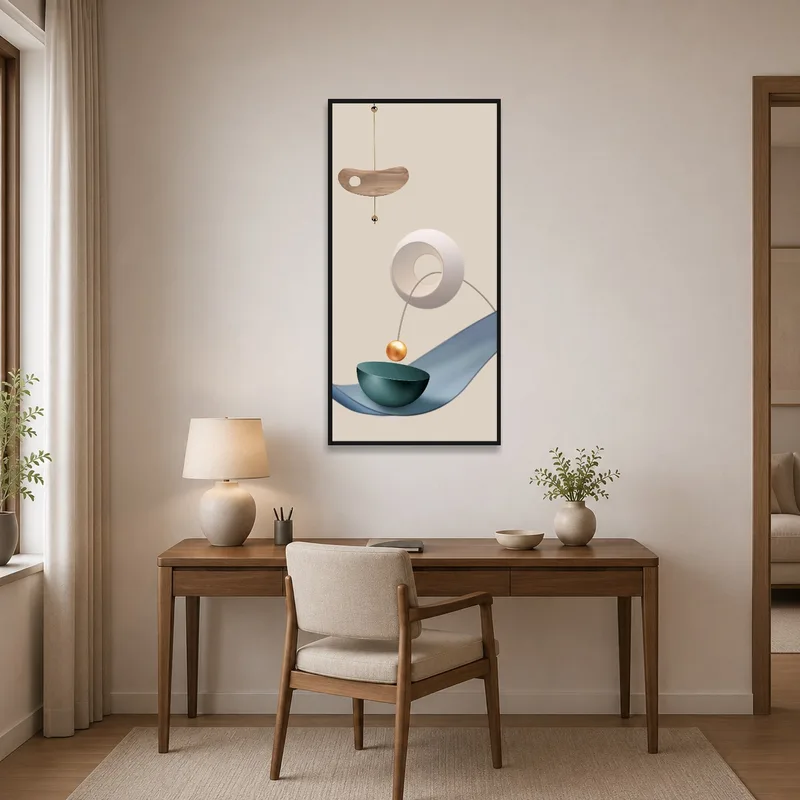 Home office featuring geometric abstract artwork with calming neutral hues on the wall.