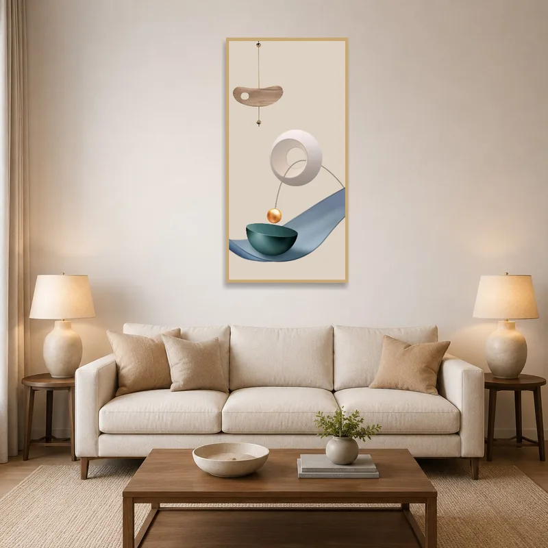 Modern geometric abstract art on living room wall with neutral-toned furniture.