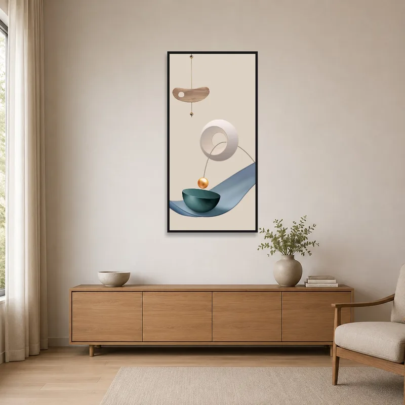 Minimalist room featuring abstract geometric artwork with neutral colors on a clean wall.