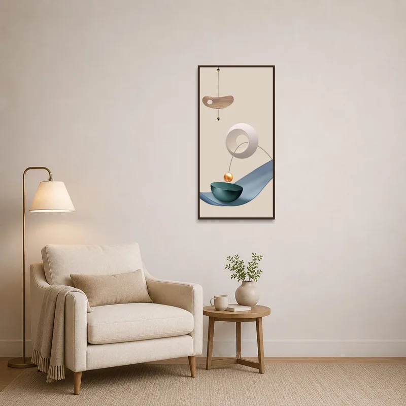 Reading corner accented by geometric abstract art in neutral shades, creating a cozy ambiance.