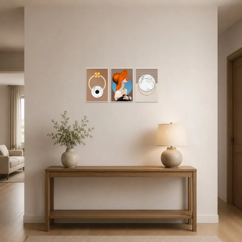 Sleek geometric and figurative art welcomes you in a well-lit entrance hall.