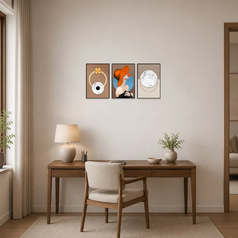 Stylish geometric art adds flair above a desk in a productive home office.