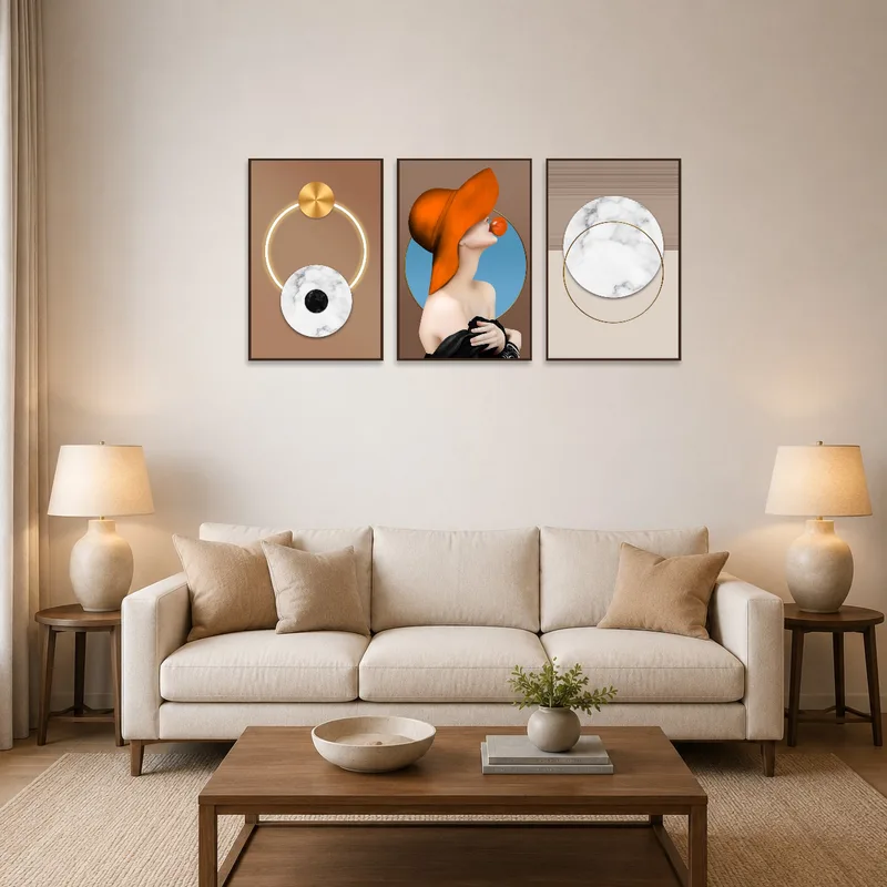 Modern geometric and figurative art displayed above a sleek sofa in a stylish living room.