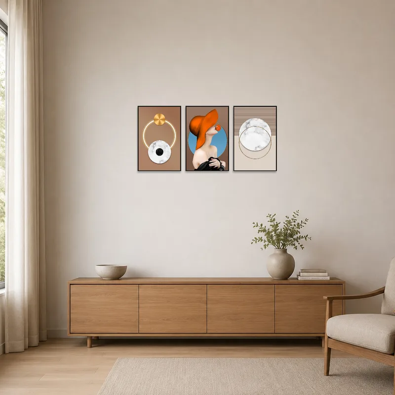 Abstract shapes and figures adorn a clean, minimalist wall with simple furnishings.