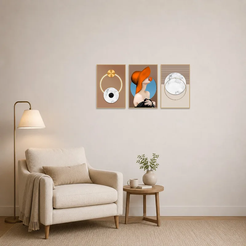 Contemporary geometric art enhances a cozy reading corner with a comfy chair.
