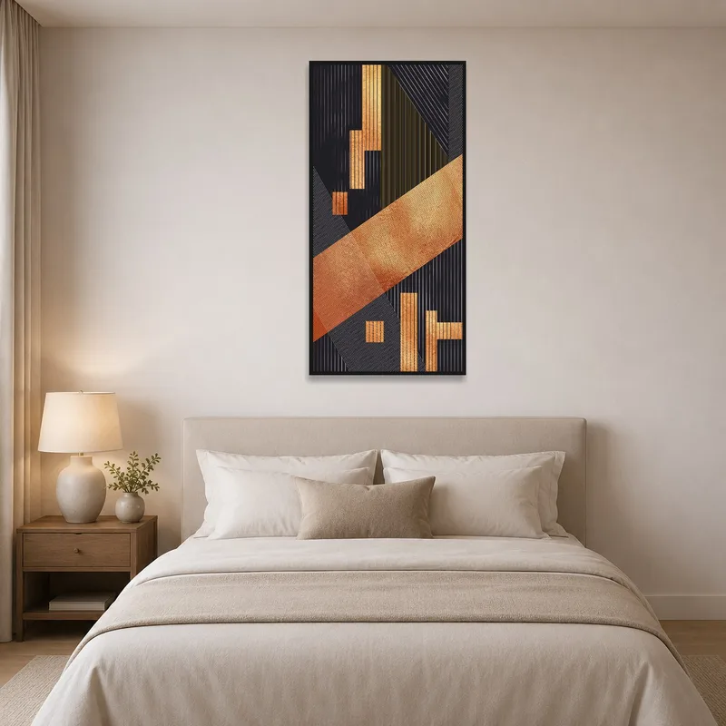 Modern geometric art in copper and black adds sophistication to the bedroom.