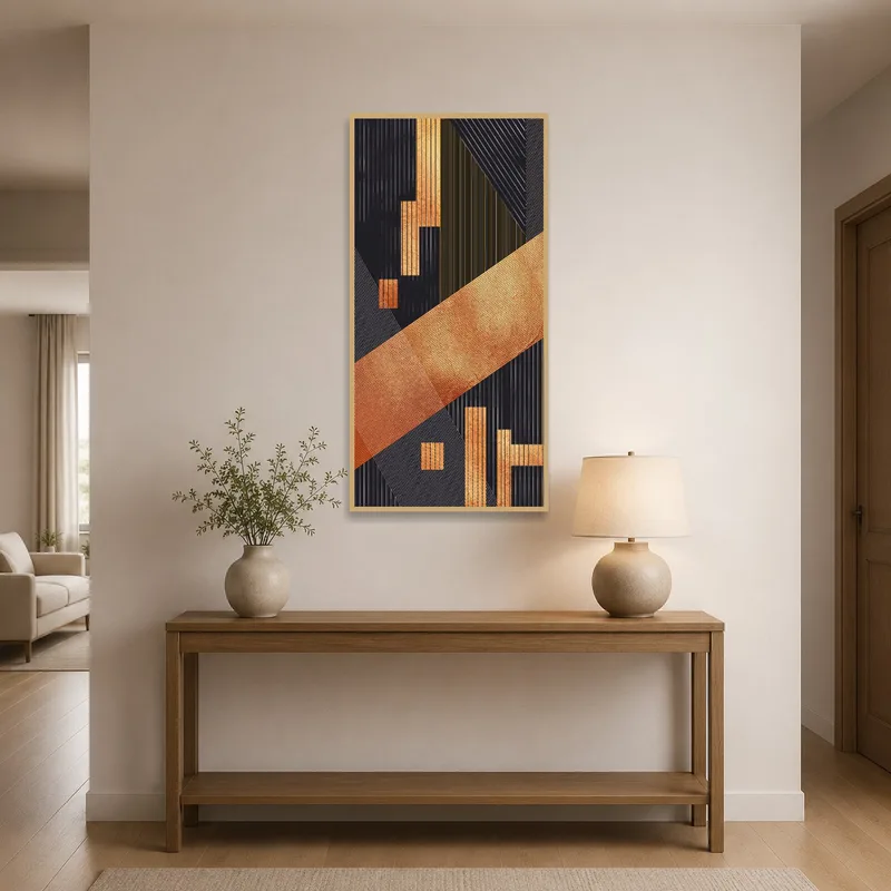 The entrance hall is enhanced with a modern, copper and black geometric art piece.