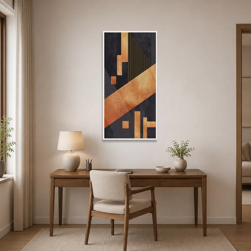 A home office enriched by abstract geometric art in copper and black tones.