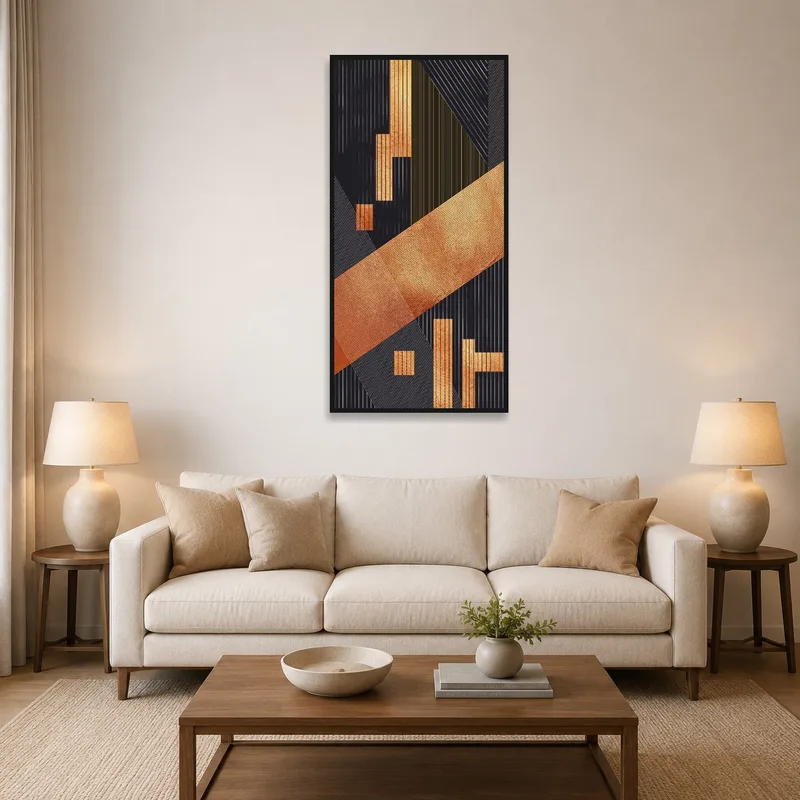 A bold geometric artwork in copper and black accents the living room wall.