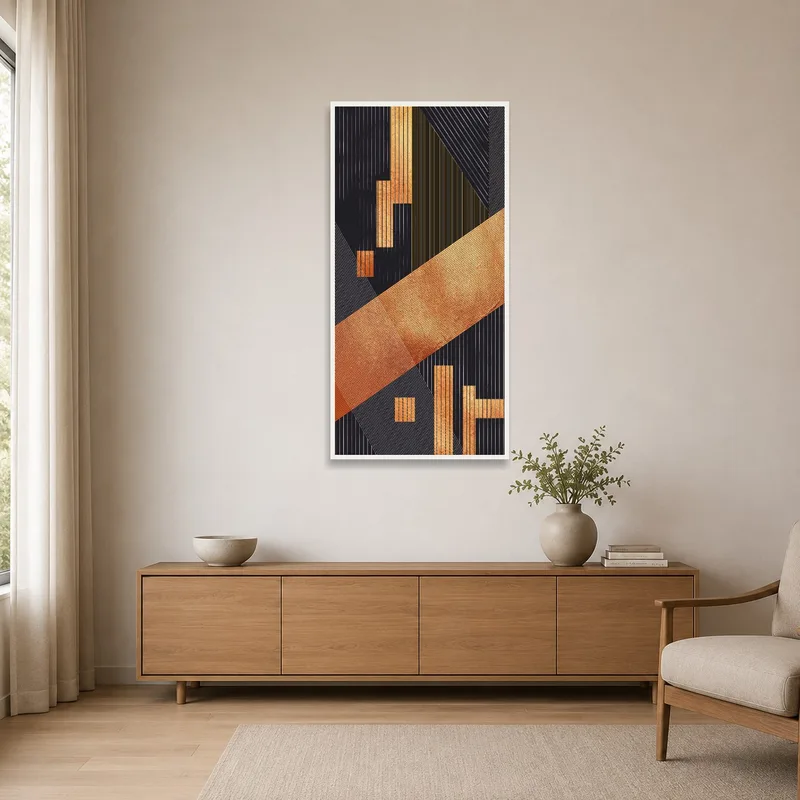 Minimalist design room featuring abstract geometric art in copper and black.