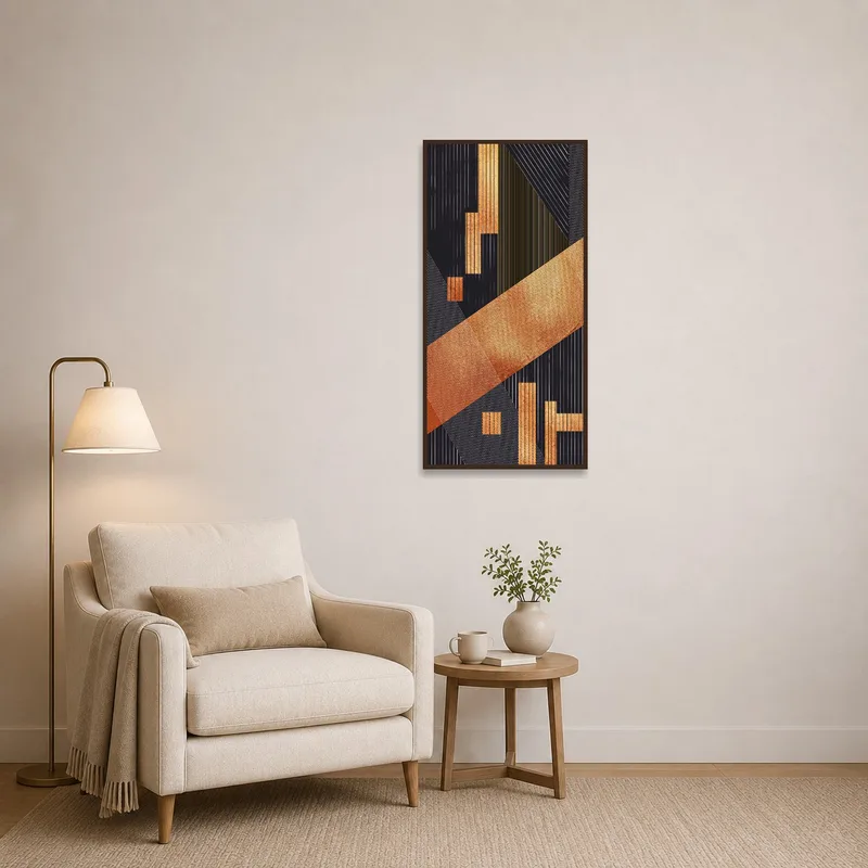 An inviting reading corner showcases copper and black modern geometric art.