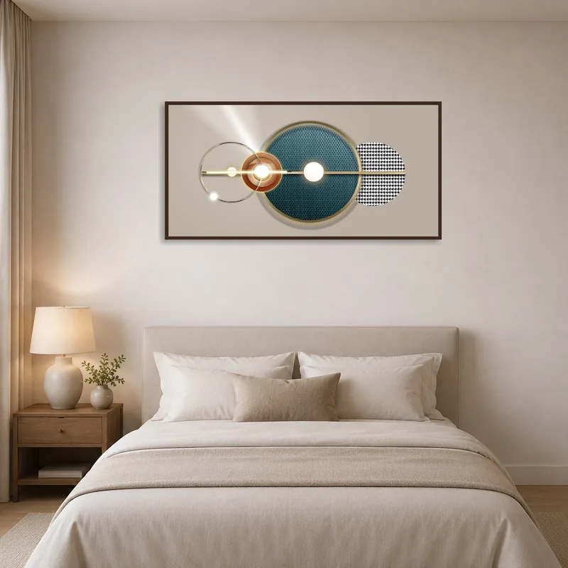 Geometric gold-accented circles art complementing the serene atmosphere of a bedroom.